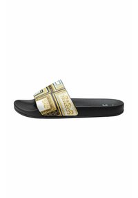 Zwarte schuifsandalen met een brede decoratieve band met een gouden en blauwe barokpatroon. Getextureerde voetbed voor comfort. Plat zoolontwerp.