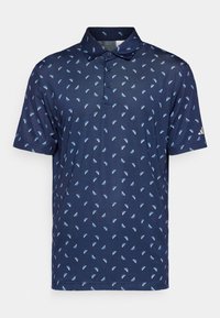 Námořnicky modré polo tričko s geometrickým vzorem malých trojúhelníků v odstínech modré. Vyrobeno z prodyšné látky s límečkem.