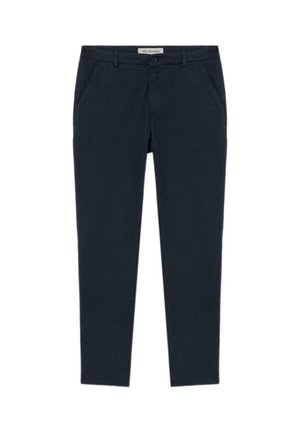 Marineblauwe, slim-fit broek van katoen met een gladde textuur. Beschikt over zijzakken, een ritssluiting en een knoopsluiting.