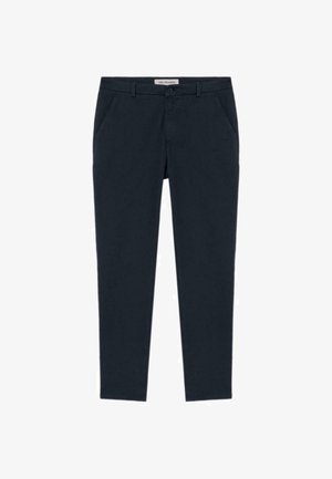 Pantaloni blu navy, slim-fit, realizzati in cotone con una texture liscia. Presentano tasche frontali, una zip e una chiusura con bottone.