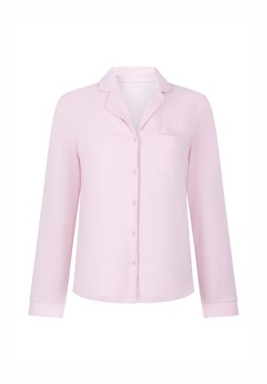 Light pink long-sleeve button-up shirt with notched collar and chest pocket, displayed on a white background.