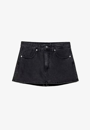 Schwarzer Jeansrock mit taillierter Taille, Fünf-Taschen-Design, traditionellem Knopf- und Reißverschluss und einem leicht ausgestellten Saum.