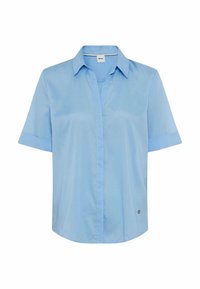 Camicia azzurra a maniche corte con colletto, chiusura a bottoni, tessuto liscio e un dettaglio con logo vicino all'orlo.