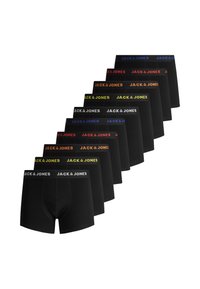 Schwarze Boxershorts in einer Reihe angeordnet, mit verschiedenen farbigen elastischen Taillenbändern mit dem Logo "JACK & JONES". Weiches, dehnbares Material.