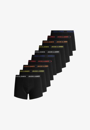 Zwarte boxershorts in een rij gerangschikt, met verschillende gekleurde elastische taillebanden met het logo "JACK & JONES". Zacht, rekbaar materiaal.