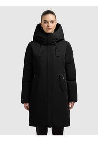 Black padded winter coat with a large hood, long sleeves, side pockets, and zippered closures. Smooth, water-resistant material.