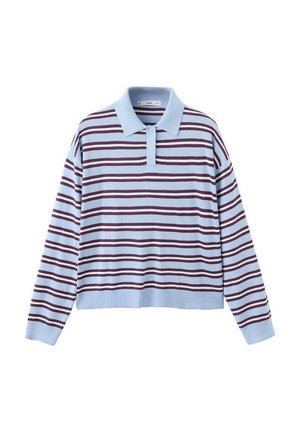 Polo majica dugih rukava svijetloplave boje s bordo horizontalnim prugama, rebrastim manšetama i rubom te ovratnikom s dvostrukim gumbima.