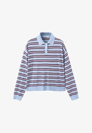 Długi rękaw, jasnoniebieska koszulka polo z bordowymi poziomymi paskami, ściągaczami na mankietach i dolnym brzegu oraz kołnierzykiem z dwoma guzikami.