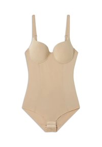 Body de modelado sin costuras en tono nude, con copas acolchadas, tirantes ajustables y un cierre de gancho y ojal en la parte inferior. Diseño suave y sin costuras.