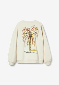Sudadera color crema con una ilustración de una palmera en naranja y verde en la parte trasera. Corte relajado con puños y dobladillo de canalé.