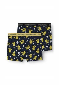 Boxershorts i marineblåt stof med et Pikachu-mønster og lyn. Elastiske linninger i kontrastfarver, mærket "PIKACHU."