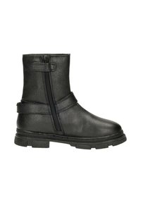 Zwarte leren enkelboot met een gestructureerde afwerking, voorzien van een zijkoffer, bandversiering en een stevige rubberen zool.