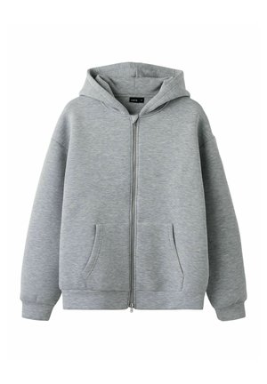 Sweat à capuche gris clair zippé avec poches avant, manches longues et capuche, en tissu doux.