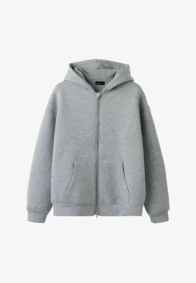 Sweat à capuche gris clair zippé avec poches avant, manches longues et capuche, en tissu doux.