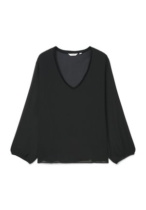 Czarna bluzka z długim rękawem, z dekoltem w kształcie litery V oraz lekko marszczonymi elastycznymi mankietami, prezentowana na białym tle.
