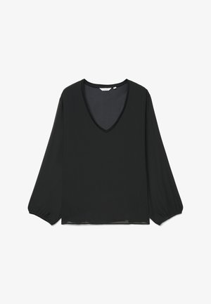 Czarna bluzka z długim rękawem, z dekoltem w kształcie litery V oraz lekko marszczonymi elastycznymi mankietami, prezentowana na białym tle.