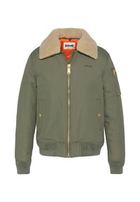 Giacca bomber verde oliva con colletto di pelliccia color crema, fodera arancione, cerniera dorata e tasche laterali. Presenta un tessuto testurizzato e polsini a coste.