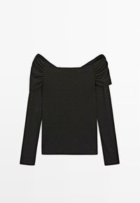 Schwarzes langärmliges Oberteil mit schulterfreier Gestaltung, gerafften Ärmeln und einem glatten, dehnbaren Stoff. Einfacher, einfarbiger Look ohne Muster.