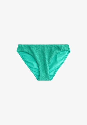 Bas de bikini turquoise texturé avec une doublure intérieure lisse, présenté à plat sur un fond blanc.