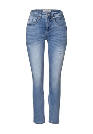 Jeans in denim blu con una vestibilità ampia, caratterizzati da leggeri strappi, cinque tasche e una chiusura classica a bottone e zip.