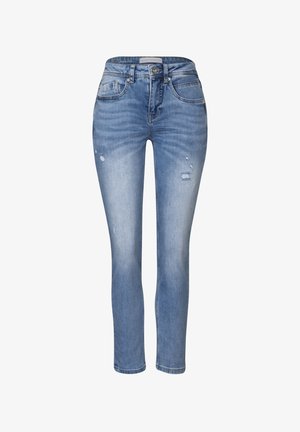 Blå denimjeans med lös passform, med lätt slitage, fem fickor samt klassisk knapp- och dragkedjestängning.