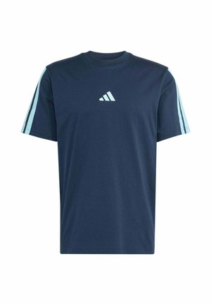 Marineblaues T-Shirt mit kurzen Ärmeln, hellblauem Adidas-Logo auf der Brust und zwei hellblauen Streifen, die jeweils den Ärmel hinunterlaufen.