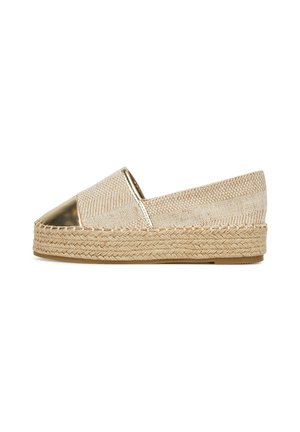 Beige gewebte Espadrille mit metallic-goldener Kappe. Verfügt über eine geflochtene Jutesohle und ein glattes Obermaterial aus Stoff, mit einem flachen, zum Reinschlüpfen geeigneten Design.