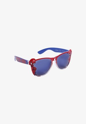 Lunettes de soleil rouges et bleues avec un graphique de Spider-Man sur la monture, dotées de verres teintés et d'une section frontale transparente.
