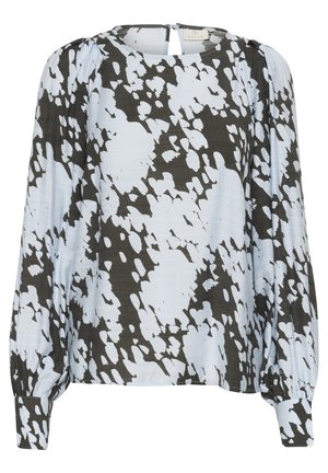 Bluză cu mâneci lungi, de culoare albastră deschisă, cu un model abstract negru, gât rotund și închidere cu o fereastră la spate. Material texturat și mâneci bufante.