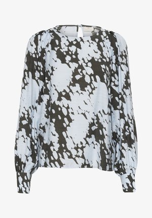 Long-sleeve blouse in light blue, featuring a black abstract pattern, round neck, and back keyhole closure. Textured fabric and puffed sleeves.