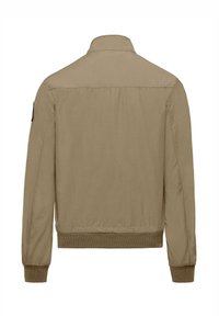 Giacca bomber khaki, tessuto leggero, polsini e vita a coste, design semplice, senza hardware visibile, schiena senza cuciture e senza tasche.