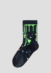 Calzino nero con motivo a goccia verde neon, con accenti di schizzi blu e arancione. Design a coste sul polsino, texture morbida.