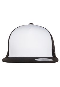 Crna i bijela snapback kapa s čvrstim bijelim prednjim panelom, crnim mrežastim stranama i stražnjim dijelom, te ravnim crnim vizirima. Ima oznaku brenda na rubu.