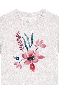 Hellgraues T-Shirt mit einem Aquarell-Blumendesign in Pink- und Türkistönen, das große Blüten und grüne Blätter zeigt.
