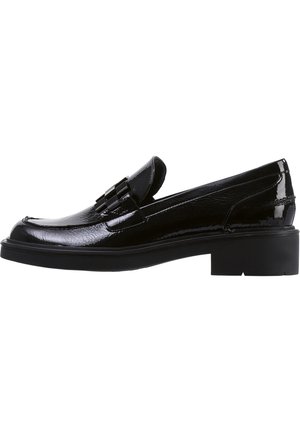 Black patent leather loafer with low block heel and decorative strap across the top, shown in right side profile on white background.