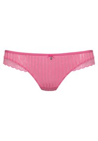 Roza čipkasta bikini s vertikalnim prugama, koji ima valoviti rub i mali mašničak sprijeda. Lagani i prozirni materijal.
