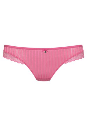 Roza čipkasta bikini s vertikalnim prugama, koji ima valoviti rub i mali mašničak sprijeda. Lagani i prozirni materijal.