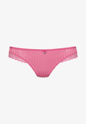 Roze kanten bikini met verticale strepen, met een golvende rand en een klein strikje aan de voorkant. Licht en doorschijnend materiaal.