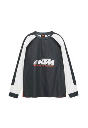 Schwarz-weißer Langarmshirt mit Rundhalsausschnitt. Verfügt über das "KTM"-Logo in weißem und orangefarbenem Text. Hergestellt aus glattem, leichtem Stoff.