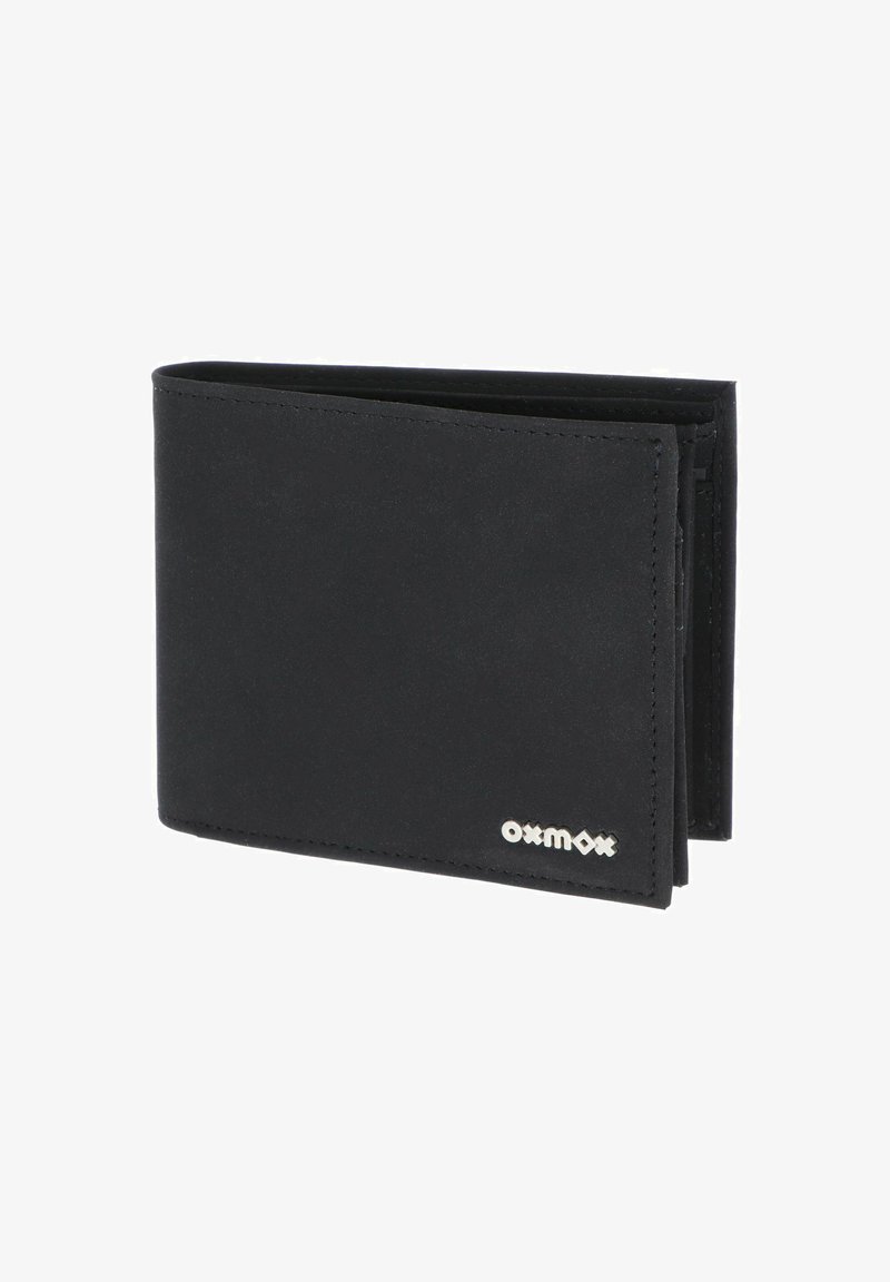 Portefeuille en cuir noir à deux volets avec bords cousus et petit logo argenté "oxmox" en bas à droite.