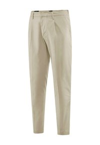 Pantaloni beige slim-fit con una texture liscia, piega anteriore singola, passanti per cintura e tasche laterali inclinate. Senza marchi o motivi visibili.