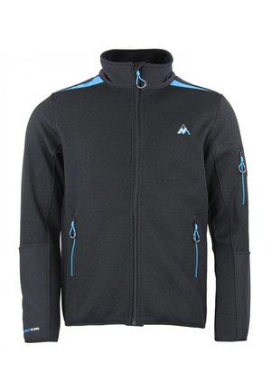 Schwarze Jacke mit Reißverschluss und blauen Reißverschlussakzenten, hohem Kragen, zwei Fronttaschen, Ärmeltasche und kleinem Berglogo auf der Brust.