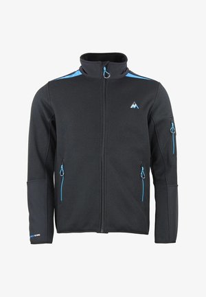 Giacca nera con zip integrale e dettagli blu sulla zip, collo alto, due tasche frontali, tasca sulla manica e piccolo logo montagna sul petto.