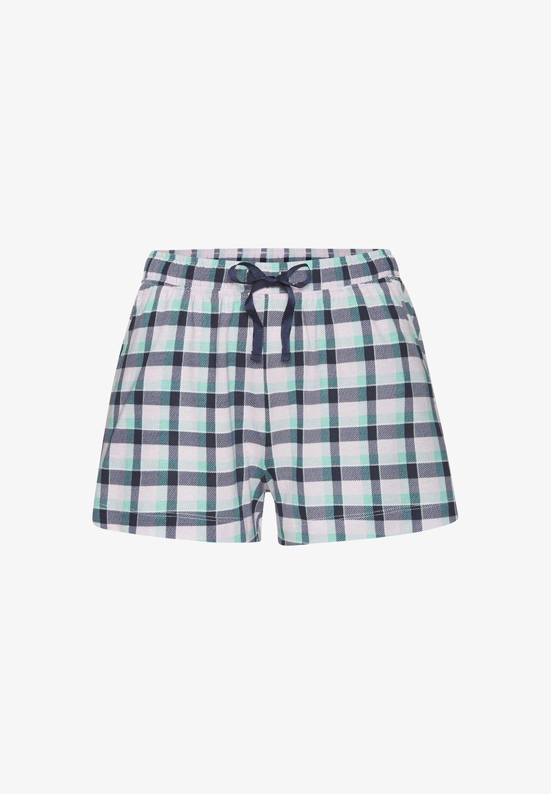 Checkered lounge shorts in navy, green, and white. Features an elastic waistband with a drawstring tie. Soft fabric with a relaxed fit.