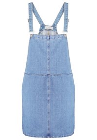 Džínové šaty na kšandy ve světle modré barvě. Mají nastavitelné ramenní pásky, rovný střih a přední panel s vertikálními švy.