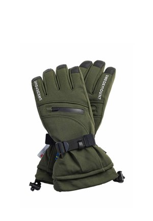 Par de guantes verdes aislantes con correas ajustables en las muñecas y pequeños bolsillos con cremallera, etiquetados con "Swedemount" en los dedos.