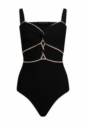 Costume da bagno nero a coste con scollatura a cuore, impreziosito da dettagli dorati e un design frontale attorcigliato. Include spalline regolabili.