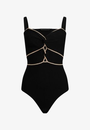 Maillot de bain noir à côtes avec un décolleté en cœur, orné de détails dorés et d'un design à l'avant torsadé. Bretelles réglables incluses.