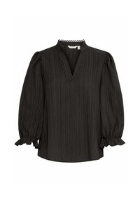 Blouse noire texturée avec un décolleté en V, corps plissé et manches longues bouffantes avec poignets élastiques et accents à volants.