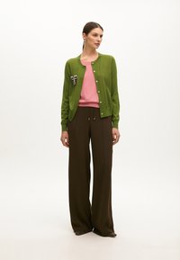 Grön kardigan med silverknappar över en rosa topp, tillsammans med vida bruna byxor. Inkluderar en dekorativ brosch på kardiganen.